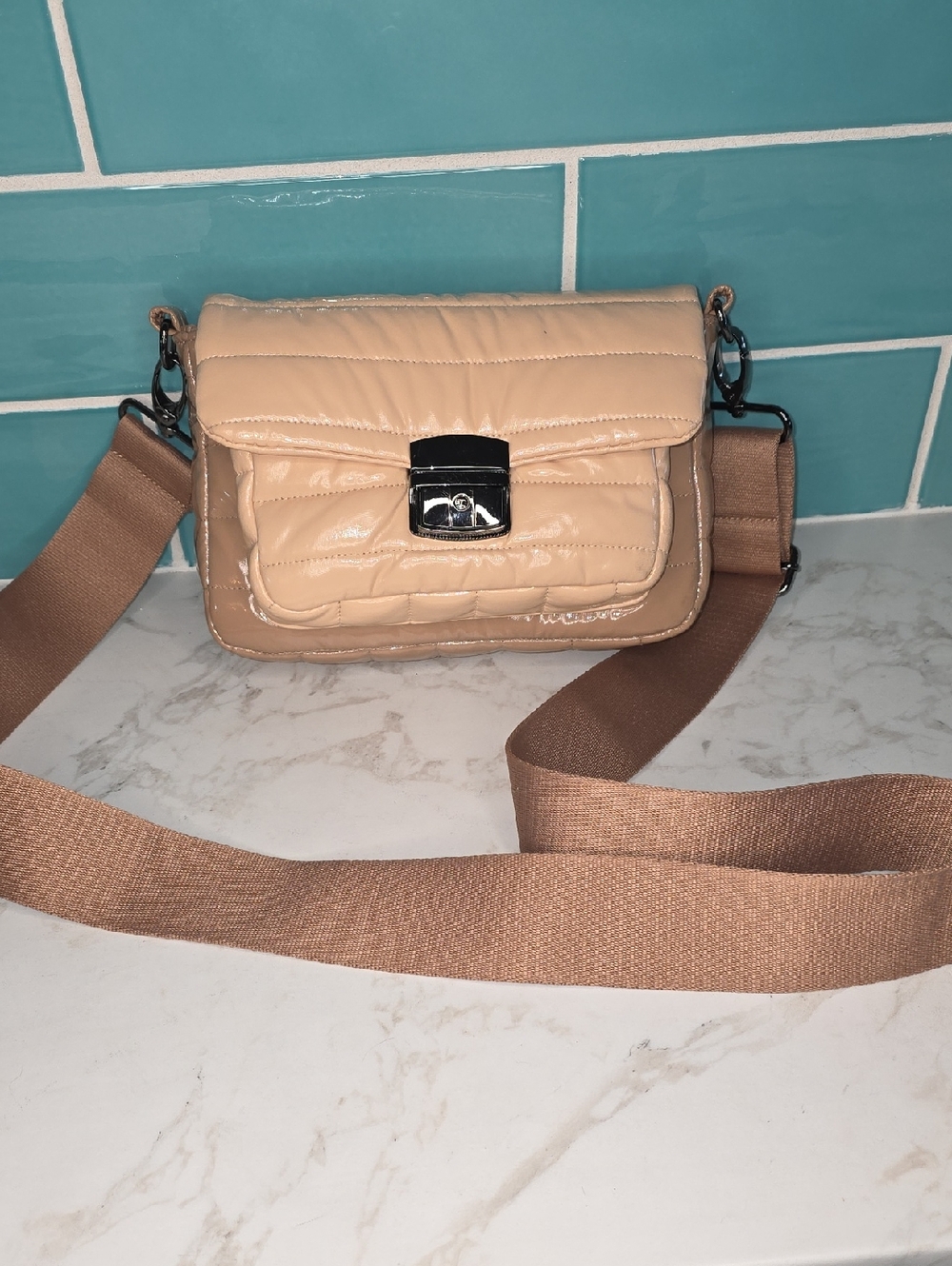 THINK ROYLN Quilted Patent Crossbody in Light Beige